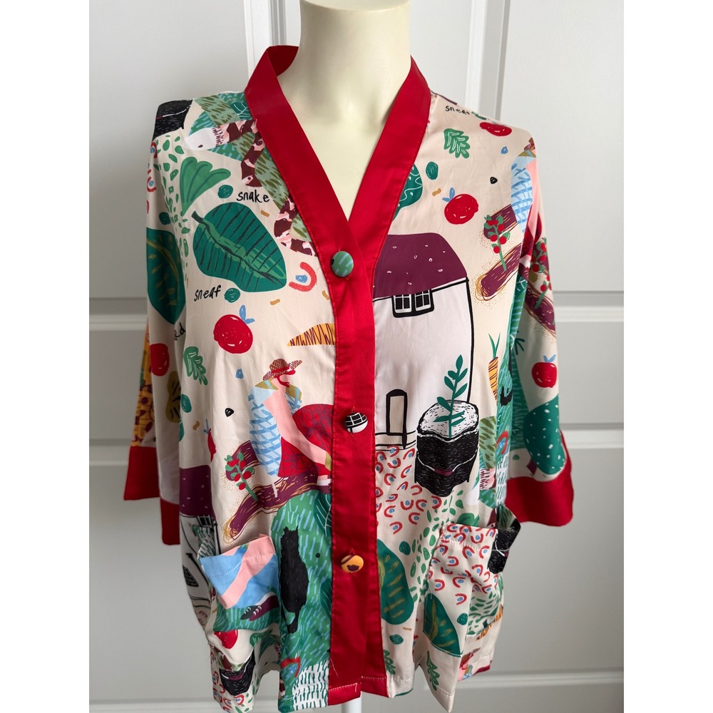 Anna-Kaci California Novelty Print Button Front Cardigan Top Red Trim Size M